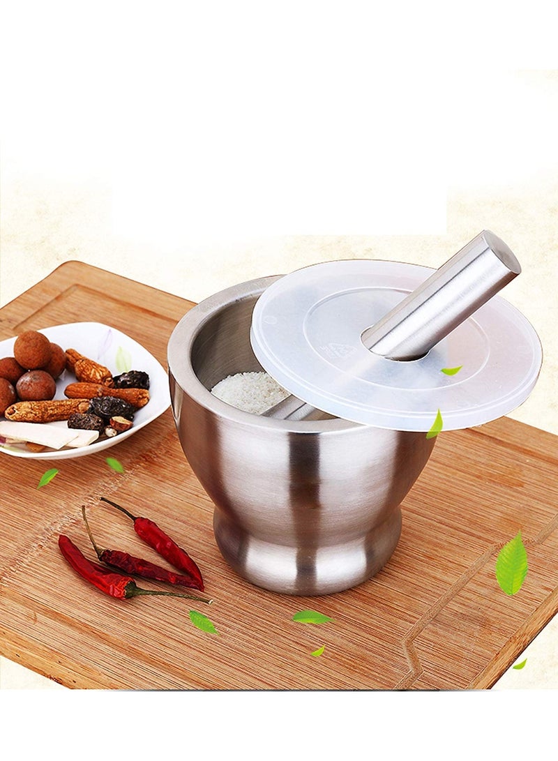 هاون ثقيل من الفولاذ المقاوم للصدأ مع غطاء وقاعدة ثابتة، تصميم مصبوب صلب، مثالي لطحن الأعشاب والتوابل والاستخدام اليومي في المطبخ - Image 1